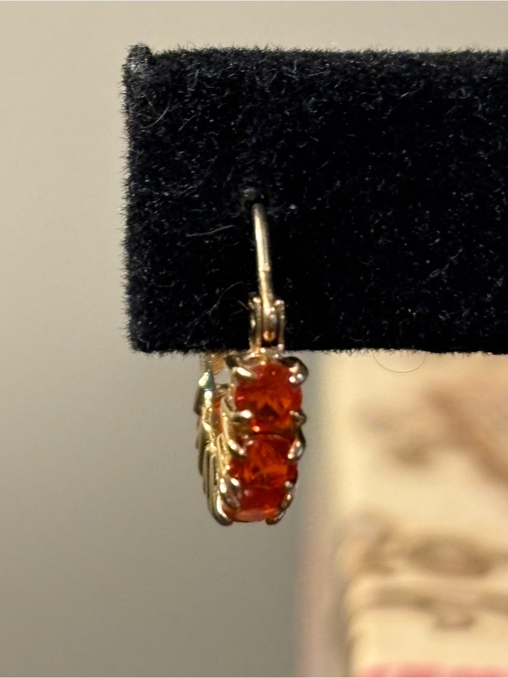 14K Gold and Orange Garnet Half Hoop Earrings - Picture 2 of 6